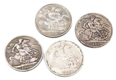 Four Victorian silver crowns, comprising two 1889, 1890 and 1900, 115.9g all in. (4)