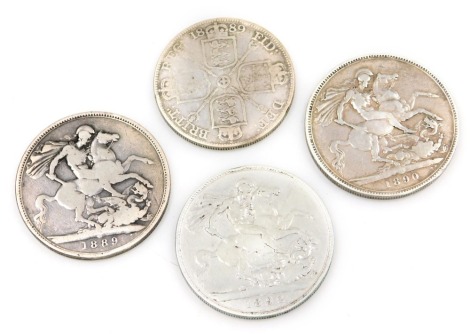 Four silver crowns, Victorian and later, 1892, two 1889 and 1890, 110g. (4)