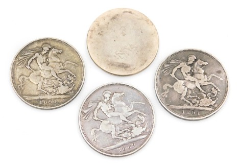 Four Georgian and later silver crowns, comprising a rubbed and undated example, 1889, 1890 and 1891, 116.1g all in. (4)