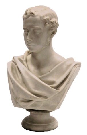 A 19thC Copeland parian bust of Prince Albert, after Marshall Wood, circa 1863, produced by the Crystal Palace Art Union, on a socle base, impressed to the reverse, 31.5cm high.