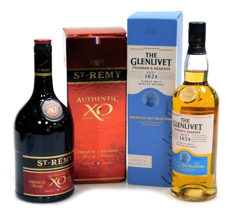 A bottle of Glenlivet single malt whisky, 70cl, with box and a bottle of St-Remy French brandy, 1ltr, with box.