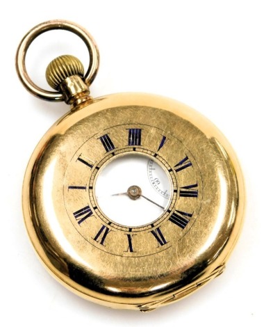 An Omega gentleman's 18ct gold half hunter pocket watch, keyless wind, circular enamel dial bearing Roman numerals, subsidiary seconds dial, the case of plain form, numbered 1618235, 93.7g all in.