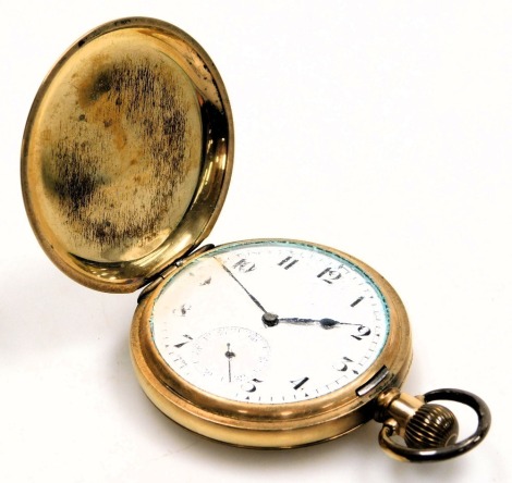 An early 20thC gentleman's gold plated hunter pocket watch, keyless wind, circular enamel dial bearing Arabic numerals, subsidiary seconds dial, the case of plain form.