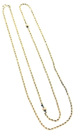 A 9ct gold rope twist neck chain, set with balls at intervals, on a bolt ring clasp, 8.9g.