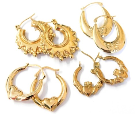 Four pairs of 9ct gold hoop earrings, 3.2g.