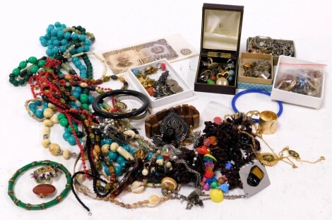 Costume jewellery, including niello pendants, bracelets and earrings, beads and bangles, filigree brooch and an Oris lady's wristwatch.