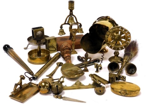 A group of Victorian and later brassware and collectables, including a snuff box, ring measure, sugar scuttle, fruit scales, pastry cutter and a horse brush and twin bell head piece. (qty)