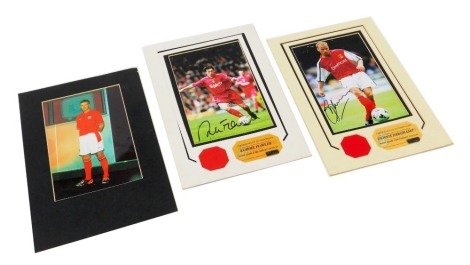 WITHDRAWN PRE SALE BY VENDOR. Two autographed photographs of Robbie Fowler and Dennis Bergkamp, limited edition 450, with certificate of authenticity and a further photograph, possibly signed by David Beckham. (3)