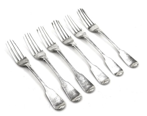 Six Victorian silver Old English pattern dessert forks, monogram engraved, London 1846, 8.61oz.