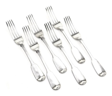 Six Victorian silver Old English pattern table forks, initial engraved, London 1845, 13.78oz.