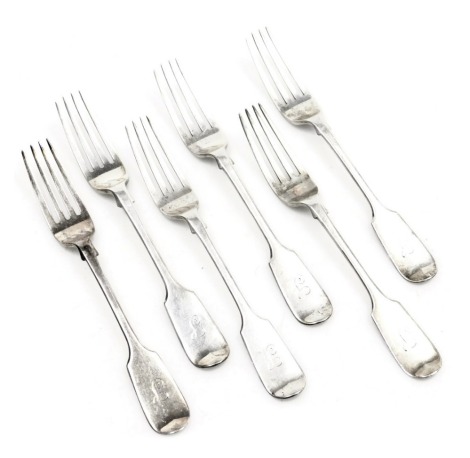 A set of six Victorian silver Old English pattern dessert forks, initial engraved, London 1884, 6.56oz.