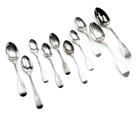 A George III and later silver tea and dessert spoons, Old English pattern, some initial engraved, various hallmarks, 6.66oz.