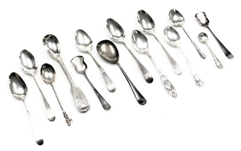 Georgian and later silver salt spoons, teaspoons and mustard spoons, various hallmarks, 4.90oz.