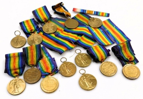 A collection of WWI Victory Medals, inscribed to various recipients and regiments, including South Notts Hussars, Suffolk Regiment, Royal Army Medical Corps, Leicestershire Regiment, Highland Light Infantry, East Kent Regiment, Army Service Corps, Royal E