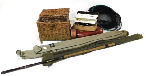 Fishing tackle, including Intrepid Black Regent fixed spool reel, and another, wicker fishing basket, with cushion seat, Olympic three piece fibreglass float rod, rod bag, etc.