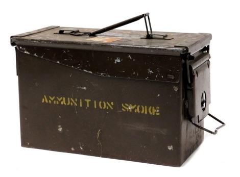 An H83 MK2 steel ammunition box, pencil details Ammunition Smoke, green hand sign, smoke orange L55, etc., 15cm x 18cm.