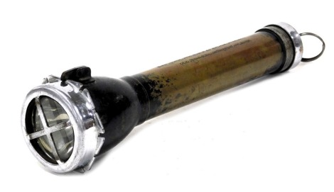 A mining safety torch, with chrome plated screw caps, inscribed Safety Torch Approved by Mines Department Home Office and BCT, Ceag Limited Barnsley and London Patent Applied For, with ring loop, 30cm long.