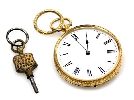 A late 19thC lady's 18ct gold cased pocket watch, open face, key wind, circular enamel dial bearing Roman numerals, movement stamped S and Company, the case with floral engraved and engine turned decoration, vacant shield reserve, with key, 41g all in.