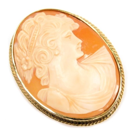 A shell cameo brooch, bust portrait of a lady, in a yellow metal mount.