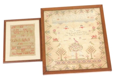 Two William IV samplers, one embroidered with birds, animals and trees, angels, beneath 'My Willing Soul... Await Everlasting', by Mary Peacock, aged 13, 1834, 44.5cm x 41cm, and another sampler by Mary Peacock, showing the alphabet and numbers, dated 183