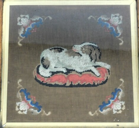 A Victorian wool work picture, of a dog, recumbent upon a cushion, framed and glazed, 37.5cm x 39cm.