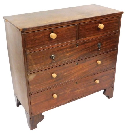 A late Georgian mahogany chest, of two short over three long graduated drawers, raised on bracket feet, 103cm high, 107cm wide, 47.5cm deep.