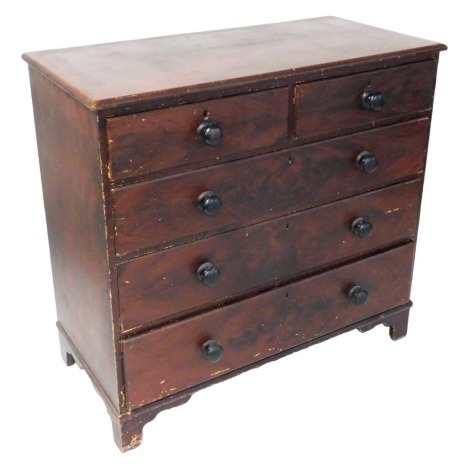 A Victorian scumbled pine and mahogany chest, of two short over three long drawers, raised on bracket feet, 103cm high, 109cm wide, 52.5cm deep.