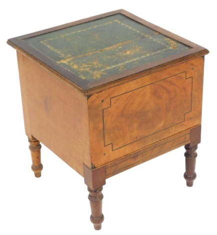 A Victorian mahogany and ebony inlaid box, with a gilt tooled green leather top, the hinged lid opening to reveal a vacant green baized interior, raised on turned feet, 47cm high, 42cm wide, 41cm deep.