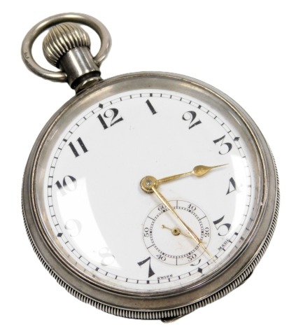 A George V gentleman's silver cased pocket watch, open face, keyless wind, circular enamel dial bearing Arabic numerals, subsidiary seconds dial, Swiss movement, the case with engine turned decoration, vacant shield and garter reserve, Birmingham 1921.