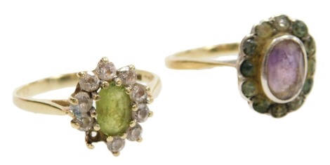 A 9ct gold peridot and cz ring, in a claw mount, size K/L, and a 9ct gold and paste set ring, size K, 4.6g.