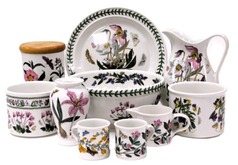 A group of Portmeirion Botanic Garden pottery, including a wash jug and bowl, storage jar, and two small jardinieres. (a quantity)