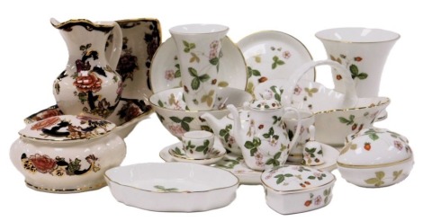 A group of Wedgwood porcelain Wild Strawberry pattern, including a miniature tea and coffee service, heart shaped box and cover, vases and basket, together with Masons Mandalay pattern dishes, jug and a box and cover. (a quantity)