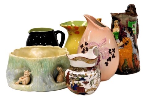 A group of ceramics, including a Burleigh ware reproduction of "Old Feeding Time" jug made by Samuel Allcock, a yellow glazed jug, with squirrel handle, Carltonware floral vase, and a Sylvac planter moulded with a rabbit and pixie. (6)