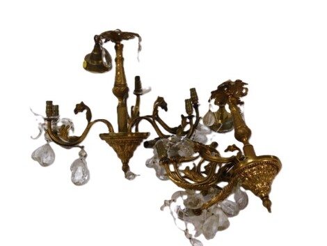 A pair of brass five branch chandeliers, with cut glass drops and drip trays, 36cm high. (AF)