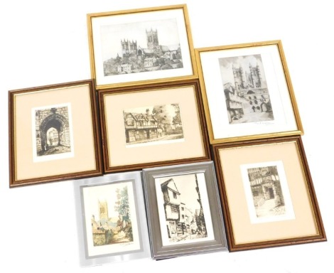 George Weston (British, early 20thC). Assorted etchings, coloured and black and white, including Lincoln Cathedral, Exchequer Gate Lincoln, Mill Street Warwick, and St Williams College York. (7)