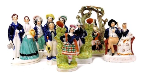 A group of 19thC Staffordshire flat back figures, including Mr and Mrs Caudle, Lang Syne, and a boy with a pond yacht. (7)