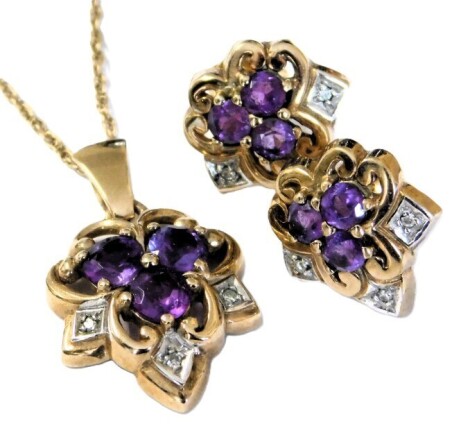 A 9ct gold amethyst and diamond floral pendant on chain, and a pair of matching earrings, 5.9g.