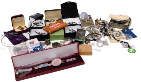 Silver and costume jewellery, including a silver bangle, two silver floral brooches, Scandinavian silver and enamel long ship brooch, cufflinks, rings and earrings.