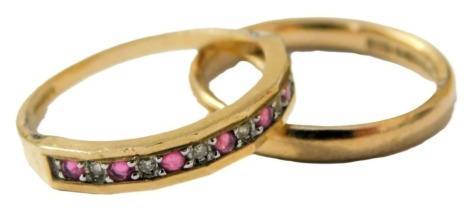 A 9ct gold ruby and diamond half hoop eternity ring, size N, together with a 9ct gold wedding band, size N, 3.8g.