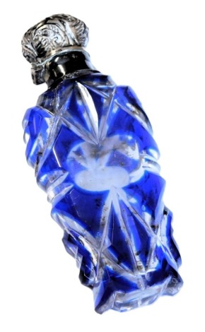 A Victorian Bristol blue flashed glass scent bottle, of tapering form, with a plated mount and embossed hinged lid, 8cm high.