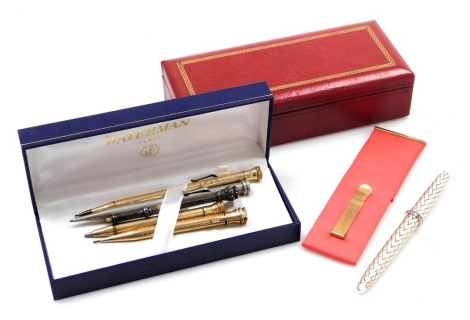 A Shaeffer cartridge pen, in white metal, with a paste set band, boxed with sheath, together with five Victorian and later gold and silver plated propelling pencils. (6)