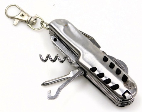 A Swiss stainless steel army knife, with twelve blades and other tools.