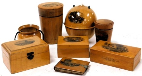 A group of mauchline ware boxes, glass holders and a string box, etc., views of Gloucester cathedral, Ravenscraig castle, Alloway and Shanklin Chine, etc. (8)