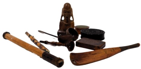 A group of collectibles, including a Nicol's model of a bat, treen scoop and toddy ladle, Japanese tortoiseshell bound knife, Whitechurch's Celebrated Tooth Powder box and a turned wooden box. (qty)