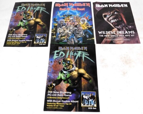 Four Iron Maiden record shop posters, that were never used, comprising Ed Hunter 1999 (x2), Wildest Dreams 2003, and Best of the Beast 1996.