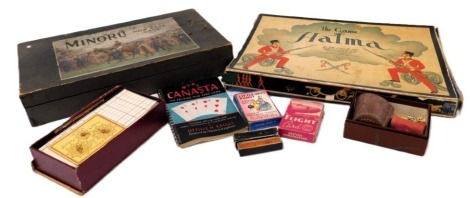 Vintage games and toys, including Minoru, Halma, Flight card game and a cased Beziques set. (qty)