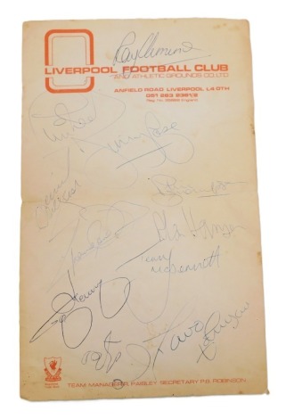 Liverpool FC autographs, from the 1970s, including Jimmy Page, Ray Clemence, Terry McDermott, Kenny Dalglish, Alan Hansen, and Alan Kennedy, on Liverpool FC note paper.