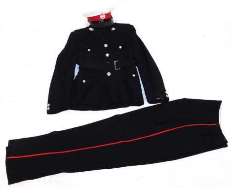 A Royal Marines Voluntary Reserve Lieutenant's uniform, comprising jacket and trousers, and a peaked cap.