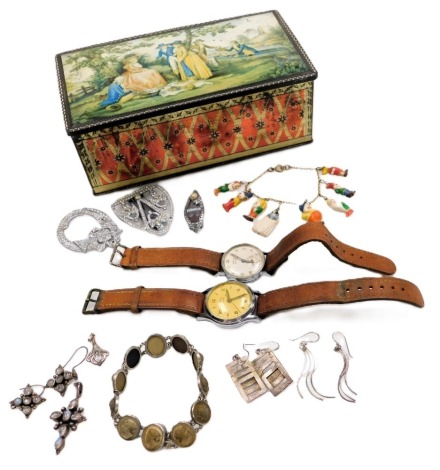 Silver and costume jewellery, including a pair of silver and moonstone earrings, paste clip, Services Aintree and Oxford gentleman's wristwatches, and an Italian lava cameo bracelet, bust portraits of ladies. (a quantity)