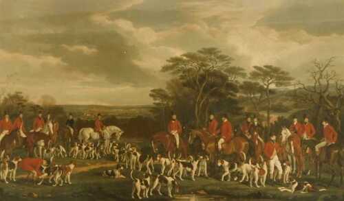 Frederick Bromley after Francis Grant. Sir Richard Sutton and the Quorn Hounds, depicting Colonel Lowther, Lord Granby, Mr Greene, Parson Houston, John Wood (of Market Overton), Ben Morgan (First Whip), Mr Assheton Smith, Duke of Rutland, Sir Richard Sutt